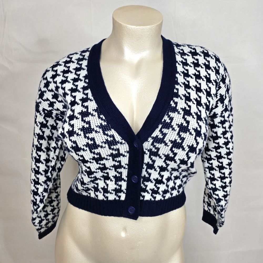 VTG Sycamore Navy Blue & White Houndstooth Cropped Sweater Sz L/XL